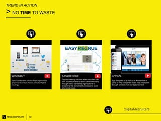 32
WISEMBLY
TREND IN ACTION
> NO TIME TO WASTE
APPICALEASYRECRUE
App designed by a start-up in Amsterdam in
2012 to help c...