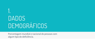 1.
DADOS
DEMOGRÁFICOS
Porcentagem mundial e nacional de pessoas com
algum tipo de deficiência.
 