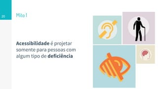 Acessibilidade é projetar
somente para pessoas com
algum tipo de deficiência
20 Mito 1
 