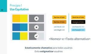 <Nomes> e <Texto alternativo>
Princípio 1
Uso Equitativo32
Estaticamente chamativo para todos usuários
Evita estigmatizar usuários
 