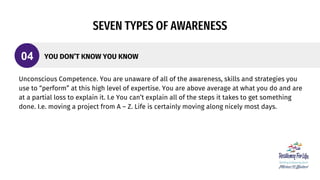 SEVEN TYPES OF AWARENESS
Unconscious Competence. You are unaware of all of the awareness, skills and strategies you
use to...