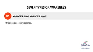 SEVEN TYPES OF AWARENESS
Unconscious incompetence.
YOU DON’T KNOW YOU DON’T KNOW
 
