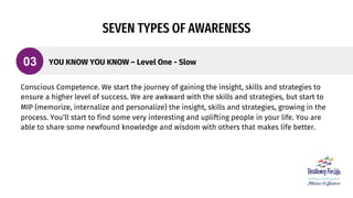 SEVEN TYPES OF AWARENESS
Conscious Competence. We start the journey of gaining the insight, skills and strategies to
ensur...