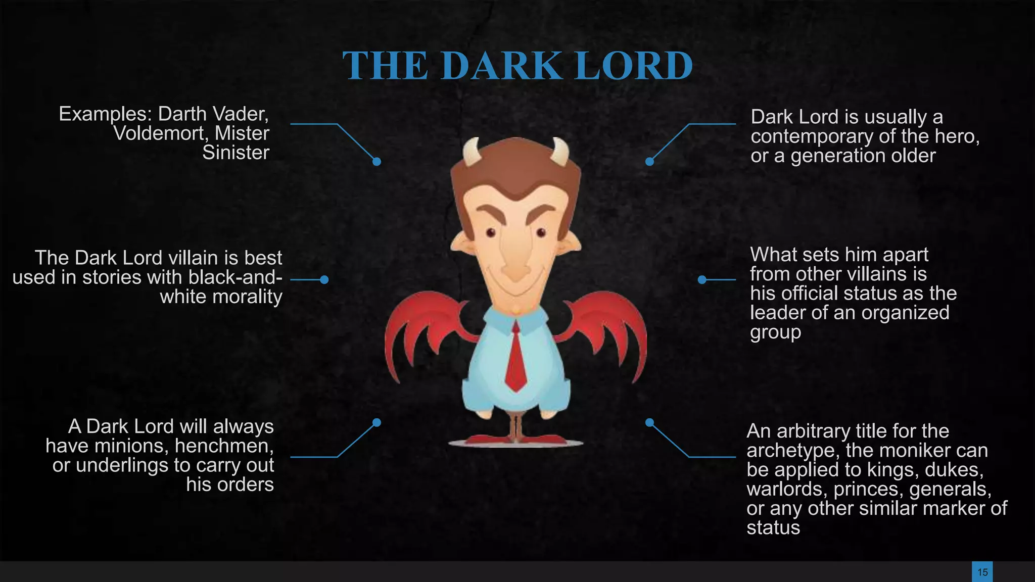 15
Dark Lord is usually a
contemporary of the hero,
or a generation older
What sets him apart
from other villains is
his official status as the
leader of an organized
group
An arbitrary title for the
archetype, the moniker can
be applied to kings, dukes,
warlords, princes, generals,
or any other similar marker of
status
Examples: Darth Vader,
Voldemort, Mister
Sinister
A Dark Lord will always
have minions, henchmen,
or underlings to carry out
his orders
THE DARK LORD
The Dark Lord villain is best
used in stories with black-and-
white morality
 