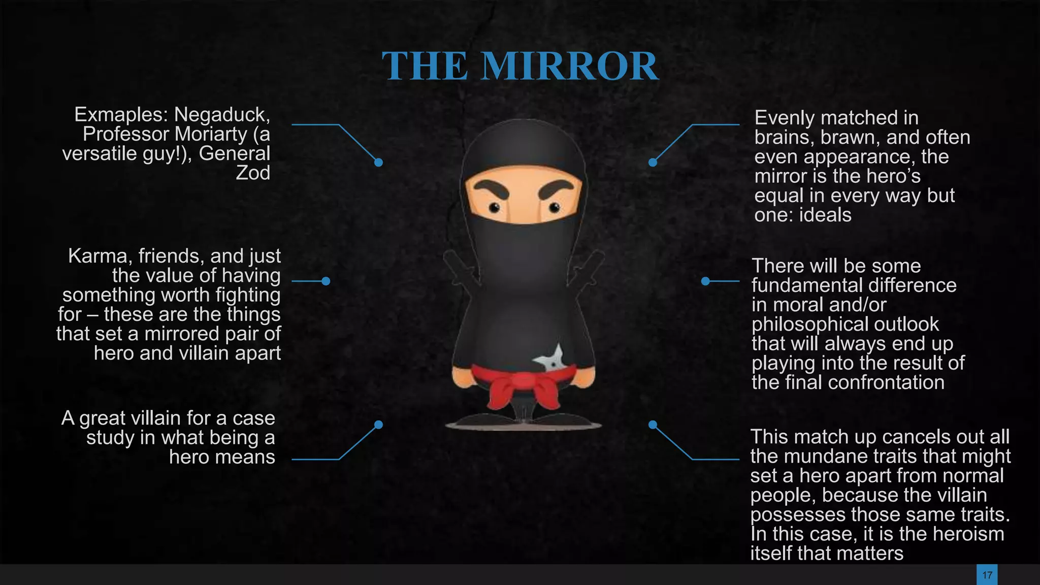 17
Evenly matched in
brains, brawn, and often
even appearance, the
mirror is the hero’s
equal in every way but
one: ideals
There will be some
fundamental difference
in moral and/or
philosophical outlook
that will always end up
playing into the result of
the final confrontation
This match up cancels out all
the mundane traits that might
set a hero apart from normal
people, because the villain
possesses those same traits.
In this case, it is the heroism
itself that matters
Exmaples: Negaduck,
Professor Moriarty (a
versatile guy!), General
Zod
A great villain for a case
study in what being a
hero means
THE MIRROR
Karma, friends, and just
the value of having
something worth fighting
for – these are the things
that set a mirrored pair of
hero and villain apart
 