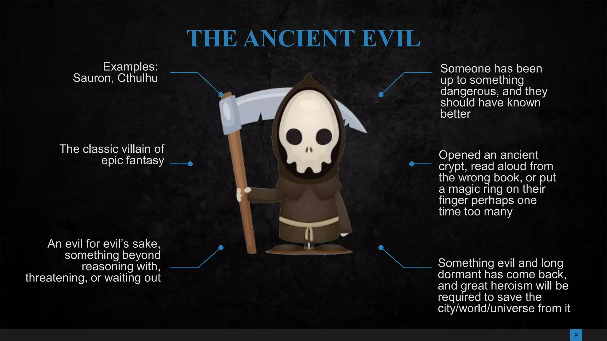 9
Someone has been
up to something
dangerous, and they
should have known
better
Opened an ancient
crypt, read aloud from
the wrong book, or put
a magic ring on their
finger perhaps one
time too many
Something evil and long
dormant has come back,
and great heroism will be
required to save the
city/world/universe from it
Examples:
Sauron, Cthulhu
An evil for evil’s sake,
something beyond
reasoning with,
threatening, or waiting out
THE ANCIENT EVIL
The classic villain of
epic fantasy
 