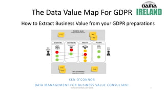 How to Extract Business Value from your GDPR preparations
KEN O’CONNOR
DATA MANAGEMENT FOR BUSINESS VALUE CONSULTANT
The Data Value Map For GDPR
Kenoconnordata.com 2018 1
 