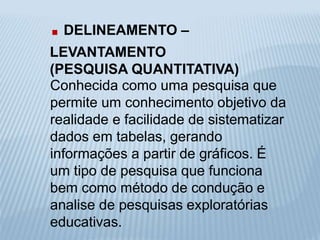 . DELINEAMENTO – 
LEVANTAMENTO 
(PESQUISA QUANTITATIVA) 
Conhecida como uma pesquisa que 
permite um conhecimento objetivo da 
realidade e facilidade de sistematizar 
dados em tabelas, gerando 
informações a partir de gráficos. É 
um tipo de pesquisa que funciona 
bem como método de condução e 
analise de pesquisas exploratórias 
educativas. 
 