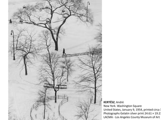 KERTÉSZ, André
New York. Washington Square
United States, January 9, 1954, printed circa 1
Photographs Gelatin silver print 24.61 × 19.21
LACMA - Los Angeles County Museum of Art
 