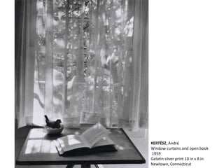 KERTÉSZ, André
Window curtains and open book
1959
Gelatin silver print 10 in x 8 in
Newtown, Connecticut
 