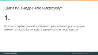 All Rights Reserved © 2016 25
Шаги по внедрению микроуслуг
1.
Изложить стратегические цели (напр., увеличить скорость продаж,
изменить масштаб, уменьшить зависимость от поставщиков)
 