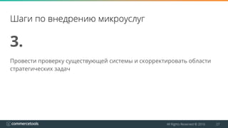 All Rights Reserved © 2016 27
Шаги по внедрению микроуслуг
3.
Провести проверку существующей системы и скорректировать области
стратегических задач
 