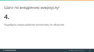 All Rights Reserved © 2016 28
Шаги по внедрению микроуслуг
4.
Подобрать новые рабочие коллективы по областям
 