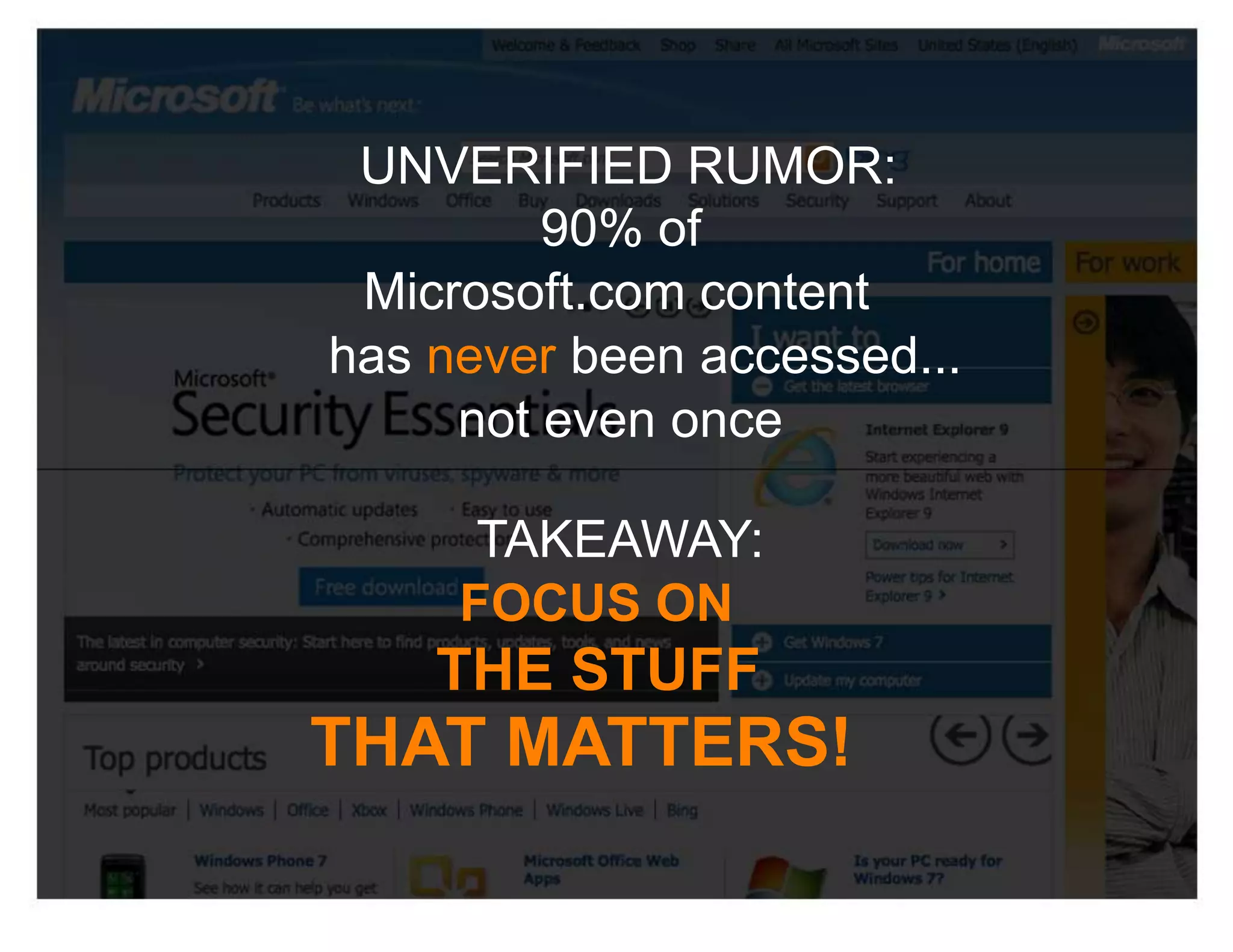 UNVERIFIED RUMOR:
         90% of
 Microsoft.com content
has never been accessed...
     not even once

      TAKEAWAY:
     FOCUS ON
    THE STUFF
THAT MATTERS!
 