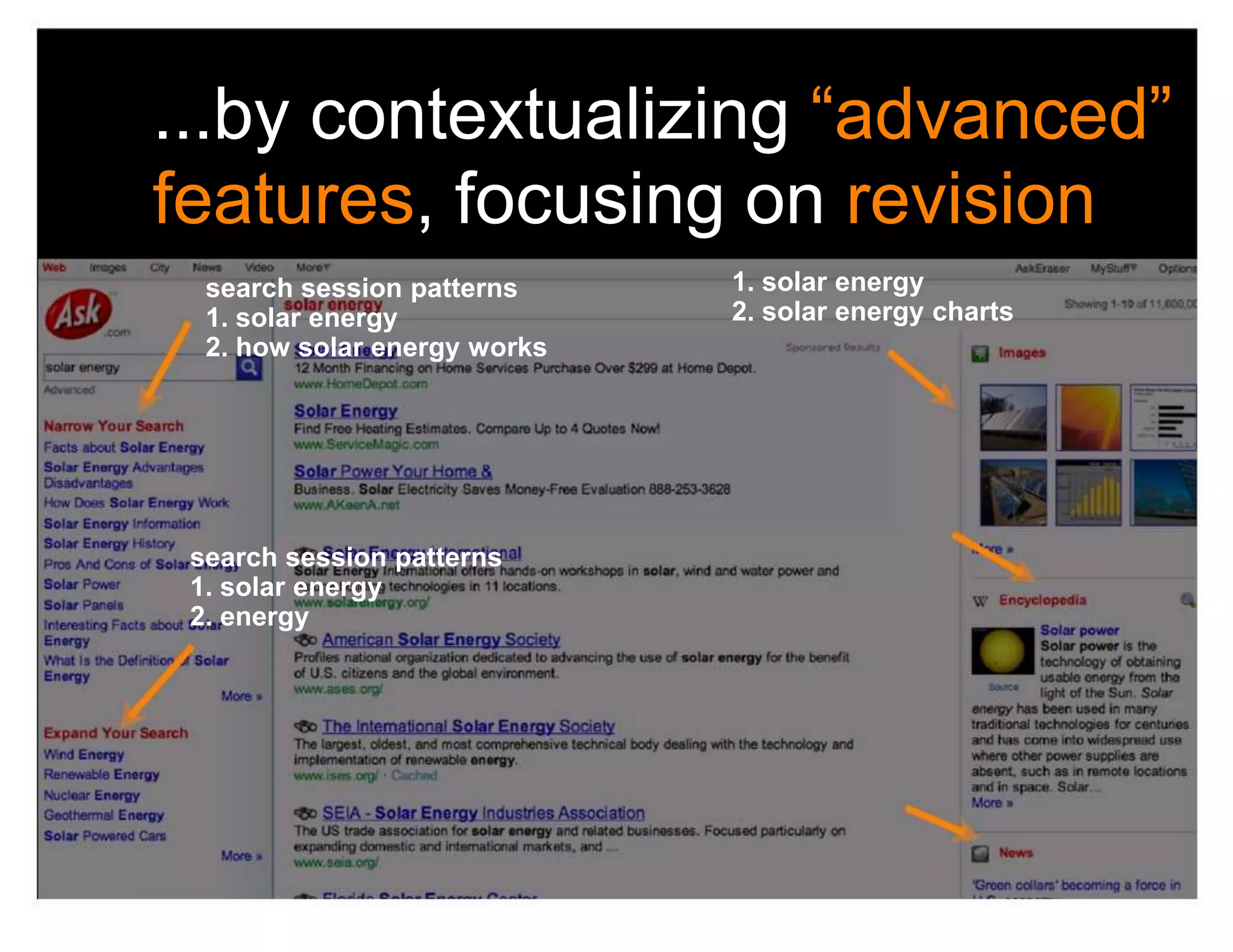 ...by contextualizing “advanced”
features, focusing on revision
  search session patterns     1. solar energy
  1. solar energy             2. solar energy charts
  2. how solar energy works




 search session patterns
 1. solar energy
 2. energy
 