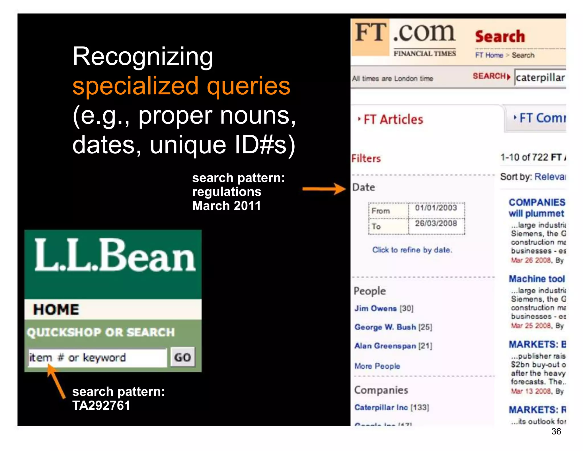 Recognizing
specialized queries
(e.g., proper nouns,
dates, unique ID#s)
                  search pattern:
                  regulations
                  March 2011




search pattern:
TA292761
                                    36
 