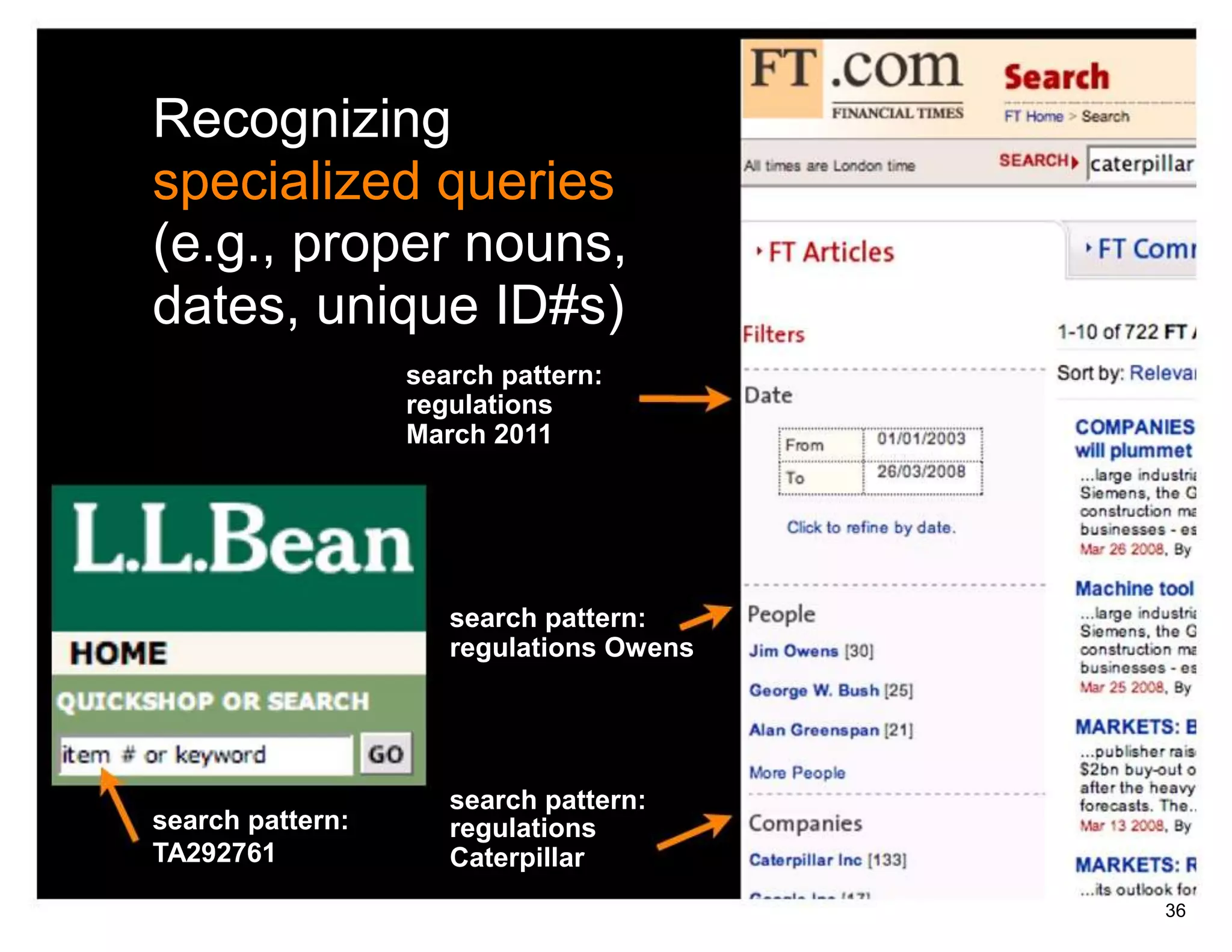 Recognizing
specialized queries
(e.g., proper nouns,
dates, unique ID#s)
                  search pattern:
                  regulations
                  March 2011




                     search pattern:
                     regulations Owens




                     search pattern:
search pattern:      regulations
TA292761             Caterpillar
                                         36
 