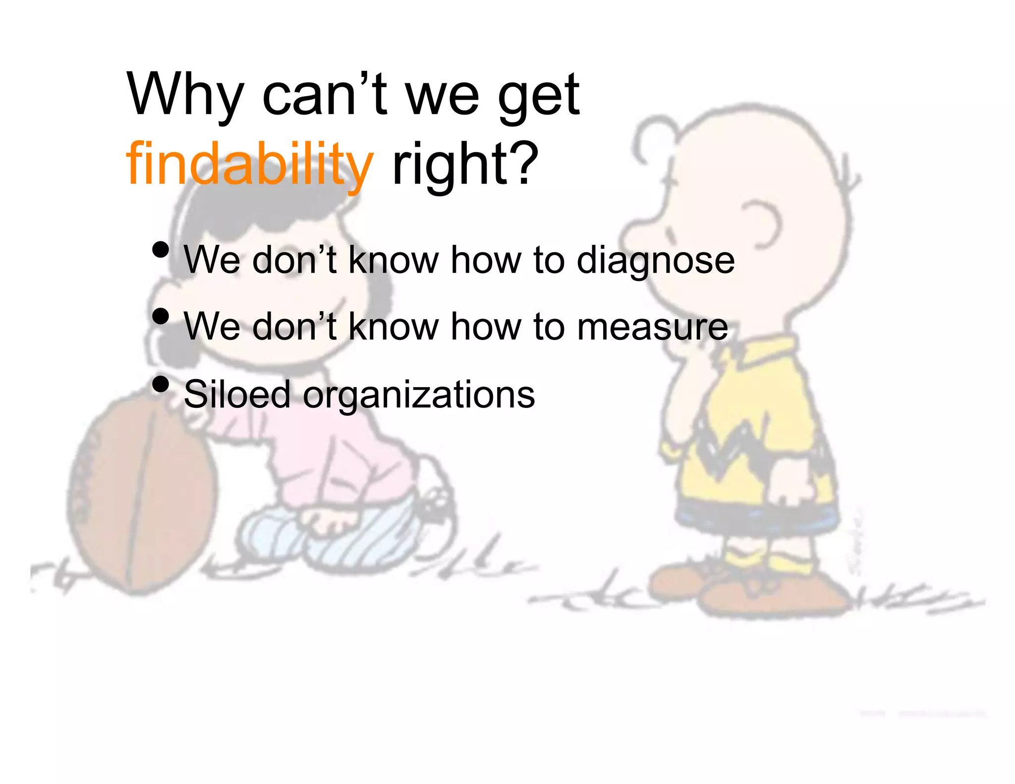 Why can’t we get
findability right?
• We don’t know how to diagnose
• We don’t know how to measure
• Siloed organizations
 