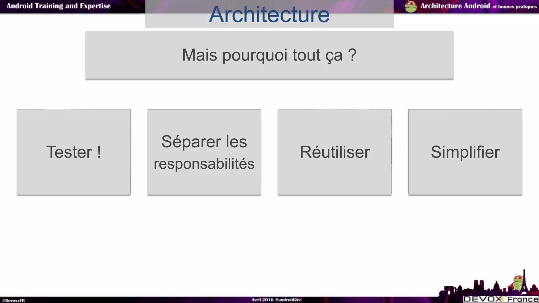Architecture
Mais pourquoi tout ça ?
Tester !
Séparer les
responsabilités
Réutiliser Simplifier
 