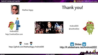 Thank you!Mathias Seguy
Android2EE
@android2ee
Slides:
http://fr.slideshare.net/Android2EE
Code:
https://github.com/Mathia...