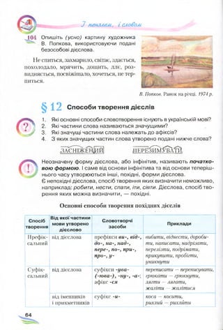 З пензлем, і словом
Опишіть (усно) картину художника
В. Попкова, використовуючи подані
безособові дієслова.
Не спиться, захмарило, світає, здається,
похолодало, мрячить, дощить, ллє, роз­
видняється, посвіжішало, хочеться, не тер­
питься.
В. Потов. Ранок на річці. 1974р.
§12 Способи творення дієслів
ъ
1.
2.
3.
4.
Які основні способи словотворення існують в українській мові?
Які частини слова називаються значущими?
Які значущі частини слова належать до афіксів?
З яких значущих частин слова утворено подані нижче слова?
ЗАСНІЖЕНИМ Д Е Р Е І^ ^ У В А Ш ,
Неозначену форму дієслова, або інфінітив, називають початко­
вою формою. І саме від основи інфінітива та від основи теперіш­
нього часу утворюються інші, похідні, форми дієслова.
Є непохідні дієслова, спосіб творення яких визначити неможливо,
наприклад: робити, нести, спати, іти, сіяти. Дієслова, спосіб тво­
рення яких можна визначити, — похідні.
Основні способи творення похідних дієслів
Спосіб
творення
Від якоїчастини
мови утворено
дієслово
Словотворчі
засоби
ГТриклади
Префік­
сальний
від дієслова префікси ви-, від-,
до-, на-, над-,
пере-, по-, при-,
про-,у-
вибити, віднести, дороби­
ти, написати, надрізати,
перелізти, подрімати,
прикупити, пробігти,
уникнути
Суфік­
сальний
від дієслова суфікси -ува-
(-юва-), -ну-, -а-,
афікс -ся
переписати —переписувати,
грюкати ~ грюкнути,
лягти —лягати,
жаліти —жалітися
від іменників
і прикметників
суфікс -и- коса —косити,
рихлий —рихлйти
 