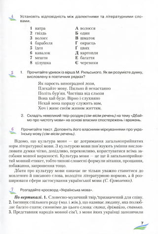 _4 Установіть відповідність між діалектними та літературними сло­
вами.
1 ватра
2 гвіздь
3 волосе
4 бараболя
5 їден
6 кавалок
7 мешти
8 цілушка
А волосся
Б один
В шматок
Г окраєць
Ґ цвях
Д картопля
Е багаття
Є черевики
5 1. Прочитайте уривок із вірша М. Рильського. Як ви розумієте думку,
висловлену в поетичних рядках?
Як парость виноградної лози,
Плекайте мову. Пильно й ненастанно
Політь бур’ян. Чистіша від сльози
Вона хай буде. Вірно і слухняно
Нехай вона щоразу служить вам,
Хоч і живе своїм живим життям.
2. Складіть невеликий твір-роздум (сім-вісім речень) на тему «Дбай­
мо про чистоту мови» на основі власних спостережень і вражень.
6 Прочитайте текст. Доповніть його власними міркуваннями про укра-
їнську мову (сім-вісім речень).
Відомо, що культура мови — це дотримання загальноприйнятих
норм літературної мови. З культурою мови пов’язують уміння вислов­
лювати думки чітко, дохідливо, переконливо, користуватися всіма за­
собами мовної виразності. Культура мови —це ще й загальноприйня­
тий мовний етикет, тобто типові словесні формули вітання, прощання,
побажання, запрошення тощо.
Дбати про культуру мови означає не тільки уважно ставитися до
мовленого й писаного слова, володіти літературною нормою, а й роз­
ширювати сфери застосування української мови (С. Єрмоленко).
Розгадайте кросворд «Українська мова».
По вертикалі. 1. Словесно-музичний твір,*призначений для співу.
2. Іменник спільного роду (чол. і жін.), що називає людину, яка полюб­
ляє багато спати; синоніми до цього слова: сплюх, дрімайло, спанько.
3. Представник народів мовної сім’ї, з мови яких українці запозичили
 