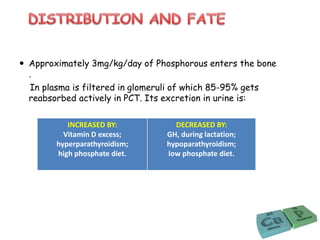  Approximately 3mg/kg/day of Phosphorous enters the bone
.
In plasma is filtered in glomeruli of which 85-95% gets
reabsorbed actively in PCT. Its excretion in urine is:
INCREASED BY:
Vitamin D excess;
hyperparathyroidism;
high phosphate diet.
DECREASED BY:
GH, during lactation;
hypoparathyroidism;
low phosphate diet.
 