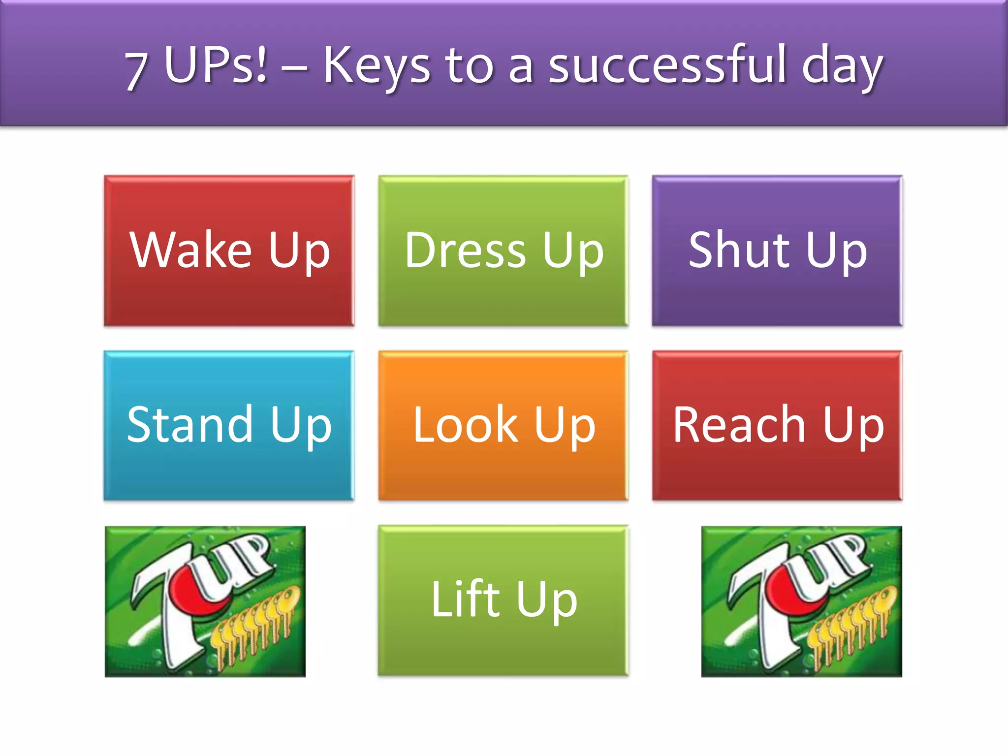 Wake Up Dress Up Shut Up
Stand Up Look Up Reach Up
Lift Up
7 UPs! – Keys to a successful day
 