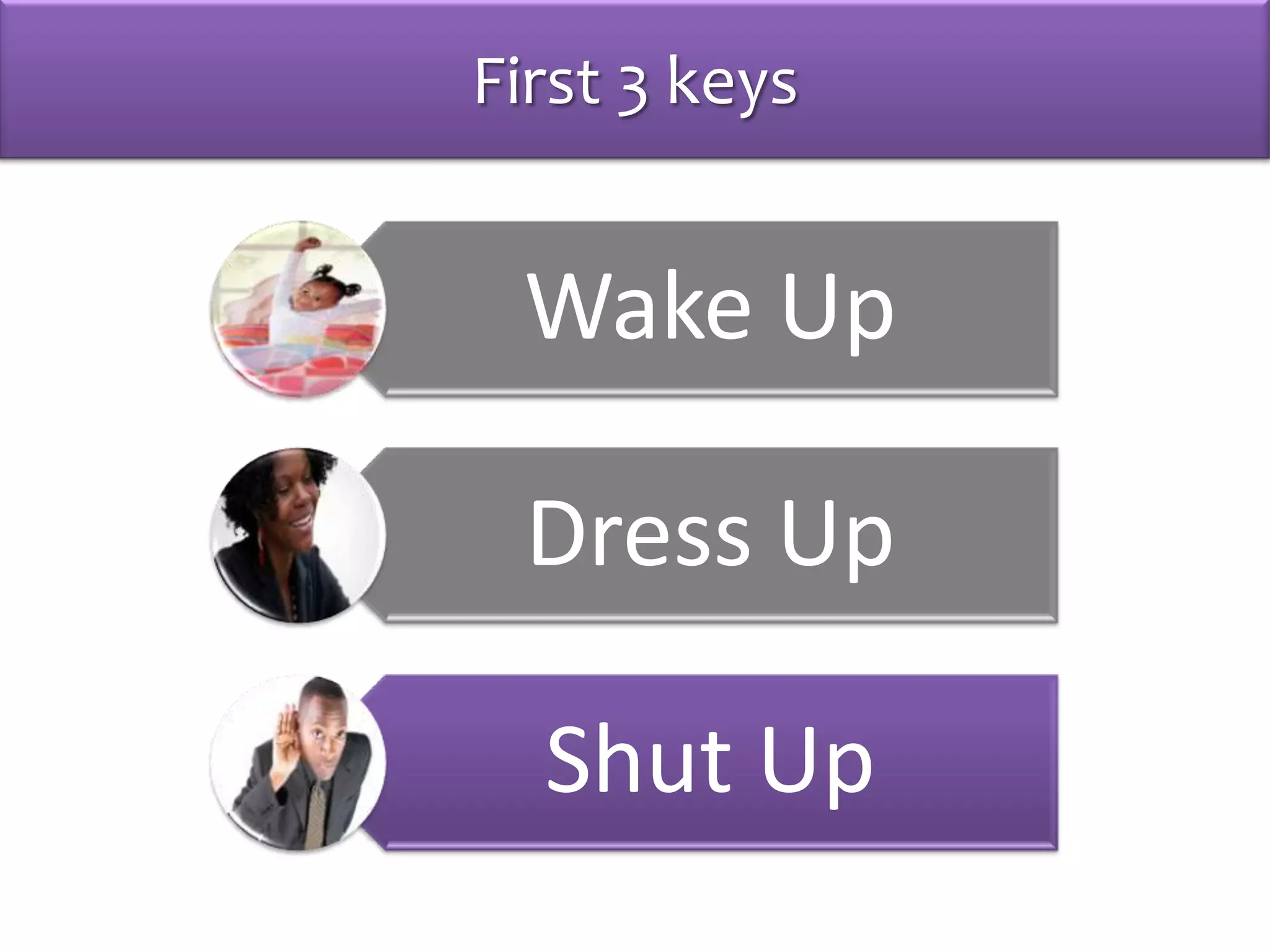 First 3 keys
Wake Up
Dress Up
Shut Up
 