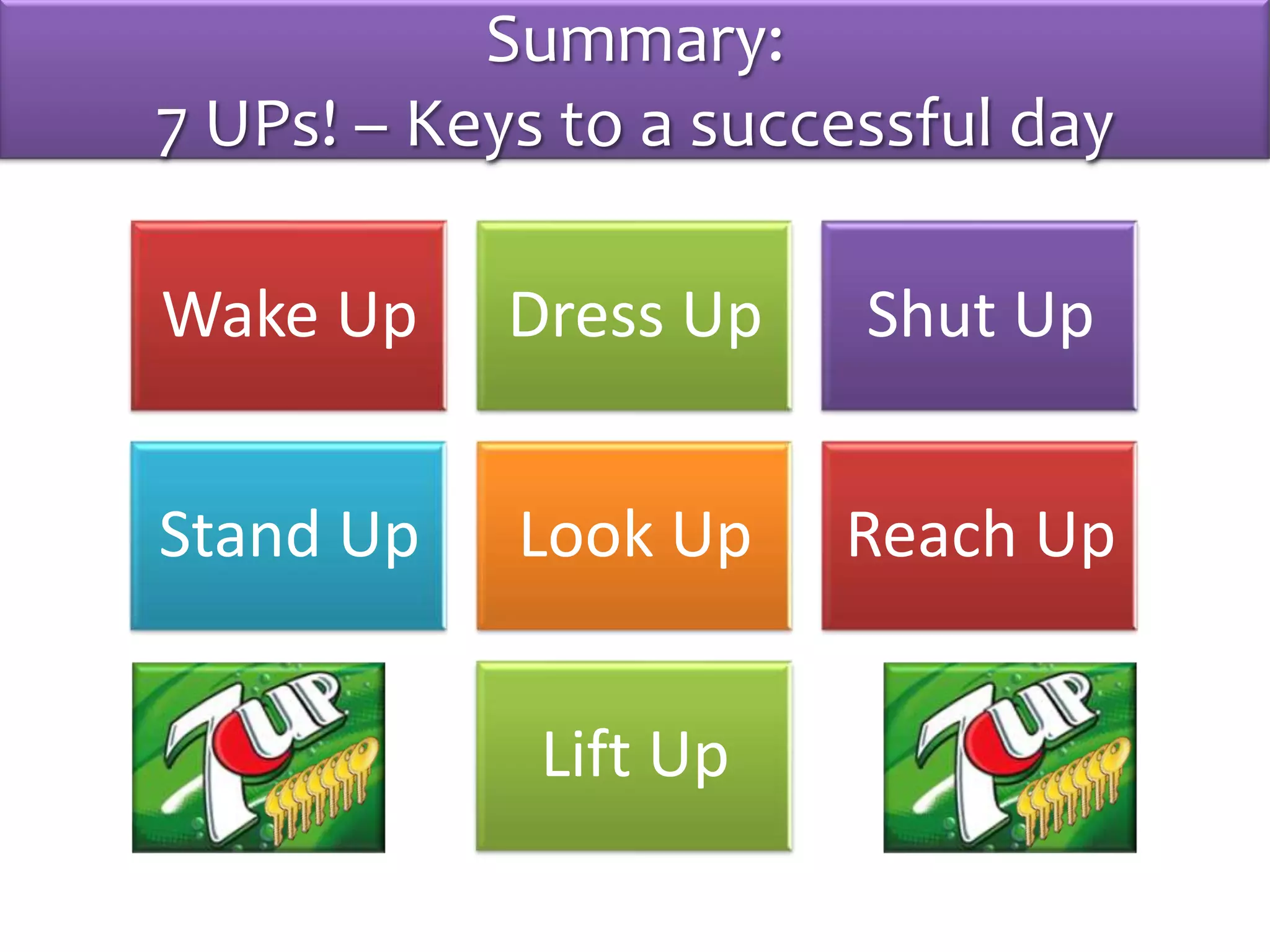 Wake Up Dress Up Shut Up
Stand Up Look Up Reach Up
Lift Up
Summary:
7 UPs! – Keys to a successful day
 