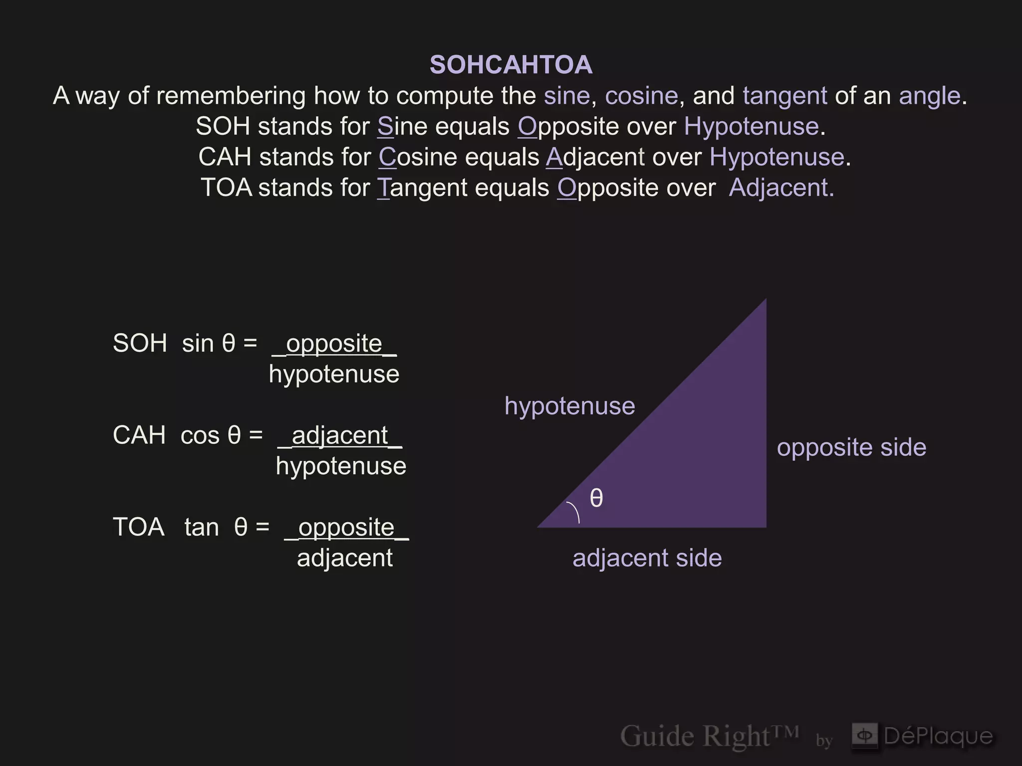 SOHCAHTOA
A way of remembering how to compute the sine, cosine, and tangent of an angle.
            SOH stands for Sine equals Opposite over Hypotenuse.
            CAH stands for Cosine equals Adjacent over Hypotenuse.
            TOA stands for Tangent equals Opposite over Adjacent.




     SOH sin θ = _opposite_
                 hypotenuse
                                      hypotenuse
     CAH cos θ = _adjacent_                                  opposite side
                 hypotenuse
                                             θ
     TOA tan θ = _opposite_
                  adjacent                  adjacent side
 
