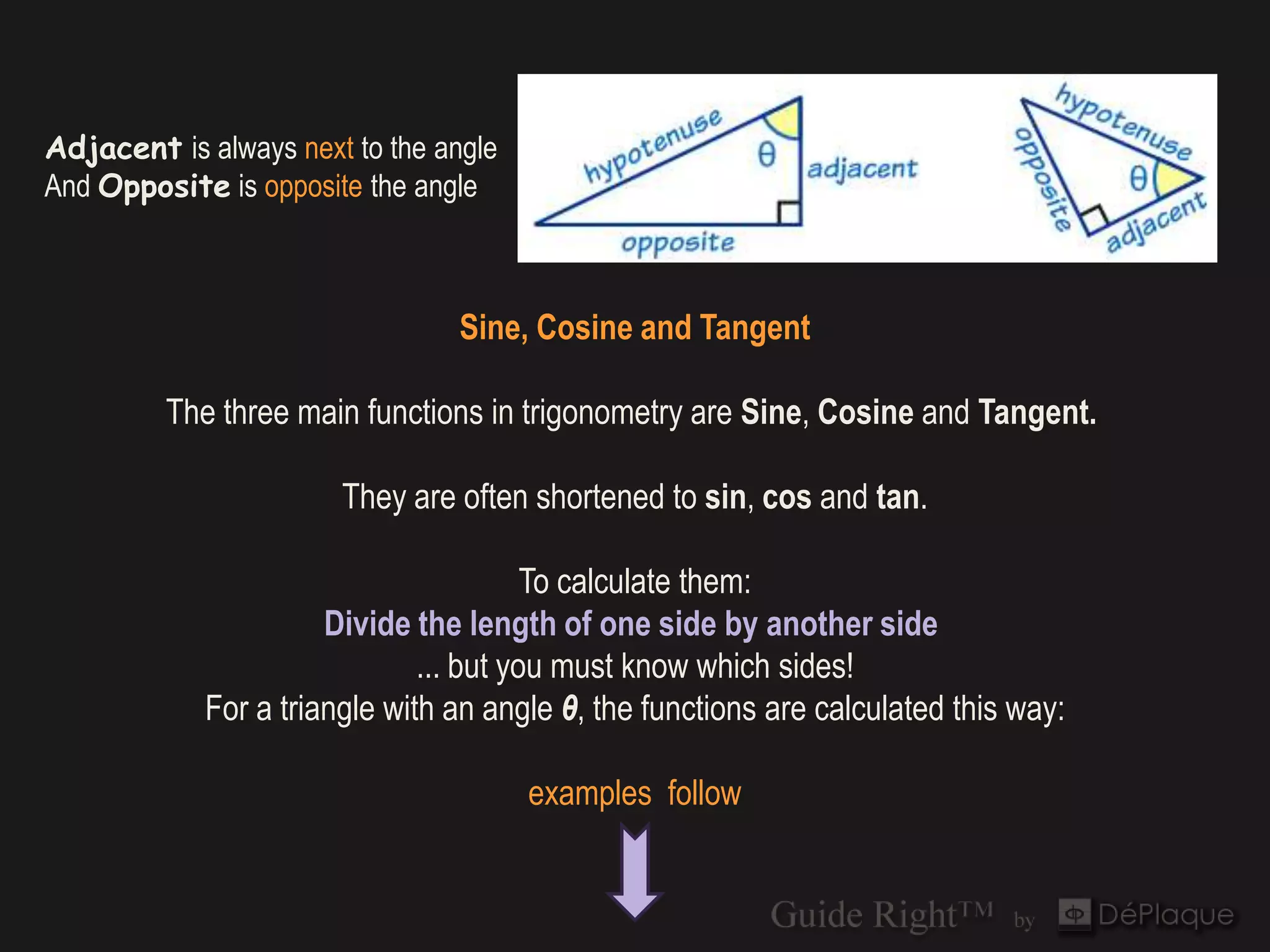 Adjacent is always next to the angle
And Opposite is opposite the angle



                                Sine, Cosine and Tangent

         The three main functions in trigonometry are Sine, Cosine and Tangent.

                       They are often shortened to sin, cos and tan.

                                        To calculate them:
                      Divide the length of one side by another side
                              ... but you must know which sides!
            For a triangle with an angle θ, the functions are calculated this way:

                                       examples follow
 