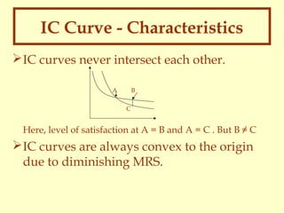 IC Curve - Characteristics
 IC curves never intersect each other.
A

B
C

Here, level of satisfaction at A = B and A = C . But B ≠ C

 IC curves are always convex to the origin
due to diminishing MRS.

 