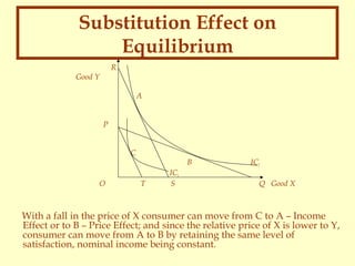 Substitution Effect on
Equilibrium
R
Good Y
A
P
C

O

B
T

IC1
S

IC2
Q Good X

With a fall in the price of X consumer can move from C to A – Income
Effect or to B – Price Effect; and since the relative price of X is lower to Y,
consumer can move from A to B by retaining the same level of
satisfaction, nominal income being constant.

 