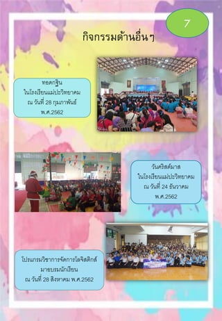 กิจกรรมด้านอื่นๆ
ทอดกฐิน
ในโรงเรียนแม่ปะวิทยาคม
ณ วันที่ 28 กุมภาพันธ์
พ.ศ.2562
วันคริสต์มาส
ในโรงเรียนแม่ปะวิทยาคม
ณ วันที่ 24 ธันวาคม
พ.ศ.2562
โปรแกรมวิชาการจัดการโลจิสติกส์
มาอบรมนักเรียน
ณ วันที่ 28 สิงหาคม พ.ศ.2562
7
 