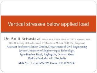 Dr.Amit Srivastava, PhD, M.ASCE, LMIGS, LMISRMTT, MITS, MISSMGE,AMIE
[B.E. University of Roorkee (now IIT Roorkee), M.E. & Ph.D, IISc, Bangalore]
Assistant Professor (Senior Grade), Department of Civil Engineering
Jaypee University of Engineering &Technology,
Agra-Bombay Road, Raghogarh, District: Guna
Madhya Pradesh - 473 226, India
Mob.No. (+91)94797729, Home: 07544267030
Vertical stresses below applied load
 