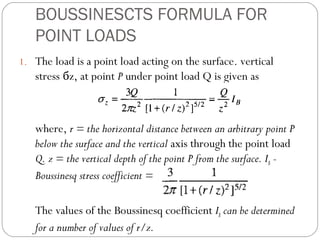 BOUSSINESCTS FORMULA FOR
POINT LOADS
1. The load is a point load acting on the surface. vertical
stress бz, at point P under point load Q is given as
where, r = the horizontal distance between an arbitrary point P
below the surface and the vertical axis through the point load
Q. z = the vertical depth of the point P from the surface. IB -
Boussinesq stress coefficient =
The values of the Boussinesq coefficient IB can be determined
for a number of values of r/z.
 