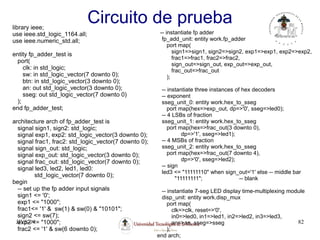JJVS-09 82
Circuito de prueba
-- instantiate fp adder
fp_add_unit: entity work.fp_adder
port map(
sign1=>sign1, sign2=>sign2, exp1=>exp1, exp2=>exp2,
frac1=>frac1, frac2=>frac2,
sign_out=>sign_out, exp_out=>exp_out,
frac_out=>frac_out
);
-- instantiate three instances of hex decoders
-- exponent
sseg_unit_0: entity work.hex_to_sseg
port map(hex=>exp_out, dp=>'0', sseg=>led0);
-- 4 LSBs of fraction
sseg_unit_1: entity work.hex_to_sseg
port map(hex=>frac_out(3 downto 0),
dp=>'1', sseg=>led1);
-- 4 MSBs of fraction
sseg_unit_2: entity work.hex_to_sseg
port map(hex=>frac_out(7 downto 4),
dp=>'0', sseg=>led2);
-- sign
led3 <= "11111110" when sign_out='1' else -- middle bar
"11111111"; -- blank
-- instantiate 7-seg LED display time-multiplexing module
disp_unit: entity work.disp_mux
port map(
clk=>clk, reset=>'0',
in0=>led0, in1=>led1, in2=>led2, in3=>led3,
an=>an, sseg=>sseg
);
end arch;
library ieee;
use ieee.std_logic_1164.all;
use ieee.numeric_std.all;
entity fp_adder_test is
port(
clk: in std_logic;
sw: in std_logic_vector(7 downto 0);
btn: in std_logic_vector(3 downto 0);
an: out std_logic_vector(3 downto 0);
sseg: out std_logic_vector(7 downto 0)
);
end fp_adder_test;
architecture arch of fp_adder_test is
signal sign1, sign2: std_logic;
signal exp1, exp2: std_logic_vector(3 downto 0);
signal frac1, frac2: std_logic_vector(7 downto 0);
signal sign_out: std_logic;
signal exp_out: std_logic_vector(3 downto 0);
signal frac_out: std_logic_vector(7 downto 0);
signal led3, led2, led1, led0:
std_logic_vector(7 downto 0);
begin
-- set up the fp adder input signals
sign1 <= '0';
exp1 <= "1000";
frac1<= '1' & sw(1) & sw(0) & "10101";
sign2 <= sw(7);
exp2 <= "1000";
frac2 <= '1' & sw(6 downto 0);
 