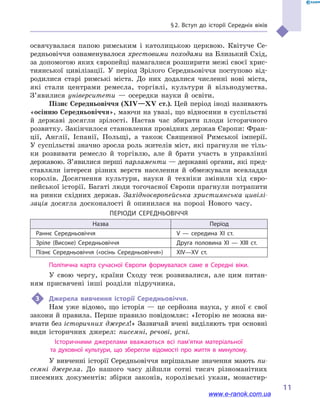 § 2. Вступ до історії Середніх віків
11
освячувалася папою римським і  католицькою церквою. Квітуче Се-
редньовіччя ознаменувалося хрестовими походами на Близький Схід,
за допомогою яких європейці намагалися розширити межі своєї хрис-
тиянської цивілізації. У період Зрілого Середньовіччя поступово від-
родилися старі римські міста. До них додалися численні нові міста,
які стали центрами ремесла, торгівлі, культури й  вільнодумства.
З’яви­лися університети  — осередки науки й  освіти.
Пізнє Середньовіччя (XIV—XV ст.). Цей період іноді називають
«осінню Середньовіччя», маючи на увазі, що відносини в суспільстві
й  державі досягли зрілості. Настав час збирати плоди історичного
розвитку. Закінчилося становлення провідних держав Європи: Фран-
ції, Англії, Іспанії, Польщі, а  також Священної Римської імперії.
У суспільстві значно зросла роль жителів міст, які прагнули не тіль-
ки розвивати ремесло й  торгівлю, але й  брати участь в  управлінні
державою. З’явилися перші парламенти — державні органи, які пред-
ставляли інтереси різних верств населення й  обмежу­вали всевладдя
королів. Досягнення культури, науки й  техніки змінили хід євро-
пейської історії. Багаті люди тогочасної Європи прагнули потрапити
на ринки східних держав. Західноєвропейська християнська цивілі-
зація досягла досконалості й  опинилася на порозі Нового часу.
Періоди Середньовіччя
Назва Період
Раннє Середньовіччя V  — середина XI  ст.
Зріле (Високе) Середньовіччя Друга половина XI  — XIII  ст.
Пізнє Середньовіччя («осінь Середньовіччя») XIV—XV  ст.
Політична карта сучасної Європи формувалася саме в  Середні віки.
У свою чергу, країни Сходу теж розвивалися, але цим питан-
ням присвячені інші розділи підручника.
3	 Джерела вивчення історії Середньовіччя.
Нам уже відомо, що історія  — це серйозна наука, у  якої є свої
закони й правила. Перше правило повідомляє: «Історію не можна ви-
вчати без історичних джерел!» Зазвичай вчені виділяють три основ­ні
види історичних джерел: писемні, речові, усні.
Історичними джерелами вважаються всі пам’ятки матеріальної
та  духовної культури, що зберегли відомості про життя в  минулому.
У вивченні історії Середньовіччя вирішальне значення мають пи-
семні джерела. До нашого часу дійшли сотні тисяч різноманітних
писемних документів: збірки законів, королівські укази, монастир-
www.e-ranok.com.ua
 