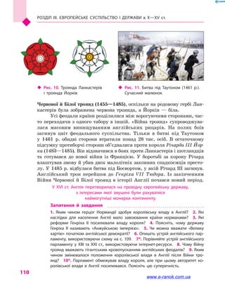 РоЗДіл III. ЄВРоПЕЙСьКЕ СУСПільСТВо і  ДЕРЖАВи в  Х—ХV  ст.
110
Червоної й Білої троянд (1455—1485),	оскільки	на	родовому	гербі	Лан-
кастерів	 була	 зображена	 червона	 троянда,	 а	 Йорків	 —	 біла.
Усі	феодали	країни	розділилися	між	ворогуючими	сторонами,	час-
то	переходячи	з	одного	табору	в	іншій.	«Війна	троянд»	супроводжува-
лася	 масовим	 винищуванням	 англійських	 рицарів.	 На	 полях	 боїв	
загинув	 цвіт	 феодального	 суспільства.	 Тільки	 в	 битві	 під	 Таутоном	
у	 1461	 р.	 обидві	 сторони	 втратили	 понад	 28	 тис.	 осіб.	 В	 остаточному	
підсумку	протиборчі	сторони	об’єдналися	проти	короля	Річарда ІІІ Йор-
ка	(1483—1485).	Він	відзначився	в	боях	проти	Ланкастерів	і	шотландців	
та	 готувався	 до	 нової	 війни	 із	 Францією.	 У	 боротьбі	 за	 корону	 Річард	
влаштував	змову	й	убив	двох	малолітніх	законних	спадкоємців	престо-
лу.	У	 1485	р.	відбулася	битва	під	Босвортом,	у	якій	Річард	ІІІ	загинув.	
Англійський	 трон	 перейшов	 до	 Генріха VІІ Тюдора.	 Із	 закінченням	
Війни	Червоної	 й	 Білої	 троянд	 в	 історії	Англії	почався	новий	період.
У ХVі ст. Англія перетворилася на провідну європейську державу,
з  інтересами якої змушені були рахуватися
наймогутніші монархи континенту.
Запитання й завдання
1.  Яким чином герцог Нормандії здобув королівську владу в Англії? 2.  Які
наслідки для населення Англії мало завоювання країни норманами? 3.  Які
реформи Генріха іі посилювали владу короля? 4.  Поясніть, чому державу
Генріха іі називають «Анжуйською імперією». 5.  Чи можна вважати «Велику
хартію» початком англійської демократії? 6. опишіть устрій англійського пар­
ламенту, використовуючи схему на с. 109. 7*. Порівняйте устрій англійського
парламенту у Хііі та ХХі ст., використовуючи інтернет­ресурси. 8.  Чому Війну
троянд вважають гігантським кровопусканням англійських феодалів? 9. Яким
чином змінювалося положення королівської влади в Англії після Війни тро­
янд? 10*.  Парламент обмежував владу короля, але при цьому авторитет ко­
ролівської влади в Англії посилювався. Поясніть цю суперечність.
 Рис. 10. Троянда ланкастерів
і  троянда Йорків
 Рис. 11. Битва під Таутоном (1461 р.).
Сучасний малюнок
www.e-ranok.com.ua
 