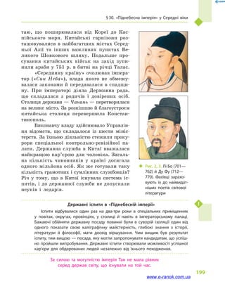 § 30. «Піднебесна імперія» у  Середні віки
199
таю, що поширювалася від Кореї до Кас-
пійського моря. Китайські гарнізони роз-
ташовувалися в найбагатших містах Серед-
ньої Азії та інших важливих пунктах Ве-
ликого Шовкового шляху. Подальше про-
сування китайських військ на захід зупи-
нили араби у 751 р. в битві на річці Талас.
«Серединну країну» очолював імпера-
тор («Син Неба»), влада якого не обмежу-
валася законами й  передавалася в  спадщи-
ну. При імператорі діяла Державна рада,
що складалася з  родичів і  довірених осіб.
Столиця держави — Чанань — перетворилася
на велике місто. За розкішшю й благоустроєм
китайська столиця перевершила Констан-
тинополь.
Виконавчу владу здійснювало Управлін-
ня відомств, що складалося із шести мініс-
терств. За їхньою діяльністю стежили проку-
рори спеціальної контрольно-ревізійної па-
лати. Державна служба в  Китаї вважалася
найкращою кар’єрою для чоловіка. Загаль-
на кількість чиновників у  країні досягала
одного мільйона осіб. Як же готували таку
кількість грамотних і сумлінних службовців?
Річ у  тому, що в  Китаї існувала система іс-
питів, і до державної служби не допускали
неуків і  ледарів.
Державні іспити в  «Піднебесній імперії»
Іспити відбувалися один раз на  два-три роки в  спеціальних приміщеннях
у  повітах, округах, провінціях, у  столиці й  навіть в  імператорському палаці.
Бажаючі обійняти державну посаду повинні були в  суворій ізоляції один від
одного показати свою каліграфічну майстерність, глибокі знання з  історії,
літератури й  філософії, мати досвід віршування. Чим вищим був результат
іспиту, тим вищою — посада, яку могли запропонувати кандидатам, що успіш­
но пройшли випробування. Державні іспити створювали можливості успішної
кар’єри для обдарованих людей незалежно від їхнього походження.
За силою та могутністю імперія Тан не мала рівних
серед держав світу, що існували на той час.
‹‹ Рис. 2, 3. Лі Бо (701—
762) й  Ду Фу (712—
770). Фахівці зарахо­
вують їх до найвидат­
ніших поетів світової
літератури
www.e-ranok.com.ua
 
