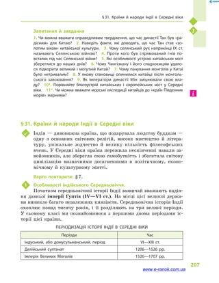 § 31. Країни й  народи Індії в  Середні віки
207
Запитання й  завдання
1. Чи можна вважати справедливим твердження, що час династії Тан був «ра­
дісним» для Китаю?  2.  Наведіть факти, які доводять, що час Тан став «зо­
лотим віком» китайської культури.  3. Чому селянський рух наприкінці IX  ст.
називають Селянською війною?  4.  Проти кого був спрямований гнів по­
всталих під час Селянської війни?  5. Які особливості устрою китайських міст
збереглися до наших днів?  6.  Чому Чингізхану і  його спадкоємцям удало­
ся підкорити великий і могутній Китай?  7. Чому панування монголів у Китаї
було нетривалим?  8.  У якому становищі опинилися китайці після монголь­
ського завоювання?  9.  Як імператори династії Мін зміцнювали свою вла­
ду?  10*.  Порівняйте благоустрій китайських і  європейських міст у  Середні
віки.  11*. Чи можна вважати морські експедиції китайців до «країн Південних
морів» марними?
§ 31.	Країни й  народи Індії в  Середні віки
	 Індія — дивовижна країна, що подарувала людству буддизм —
одну з  основних світових релігій, високе мистецтво й  літера-
туру, унікальне зодчество й  велику кількість філософських
вчень. У Середні віки країна пережила нескінченні навали за-
войовників, але зберегла свою самобутність і збагатила світову
цивілізацію визначними досягненнями в  політичному, еконо-
мічному й  культурному житті.
Варто повторити: § 7.
1	 Особливості індійського Середньовіччя.
Початком середньовічної історії Індії зазвичай вважають падін-
ня давньої імперії Гуптів (IV—VI ст.). На місці цієї великої держа-
ви виникло багато незалежних князівств. Середньовічна історія Індії
охоплює понад тисячу років, і  її розділяють на три великі періоди.
У сьомому класі ми познайомимося з  першими двома періодами іс-
торії цієї країни.
Періодизація історії Індії в  Середні віки
Періоди Час
Індуський, або домусульманський, період VI—XIII ст.
Делійський султанат 1206—1526  рр.
Імперія Великих Моголів 1526—1707  рр.
www.e-ranok.com.ua
 
