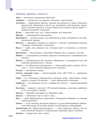 220
Основні терміни і  поняття
Абат — настоятель монастиря (абатства).
Анафема — відлучення від церкви, поєднане з  прокляттям.
Аскетизм — придушення бажань, відмова від розкоші й  навіть більшості
зручностей, обмеження в  їжі й  сні, заподіяння собі фізичних страж-
дань із метою співучасті в муках Христа для спокути гріхів; Аскет —
людина аскетичної поведінки.
Булла — папський указ, що є обов’язковим для віруючих.
Бюргер — повноправний громадянин.
Бюрократія — система влади, що здійснюється через чиновників, які при-
значаються урядом.
Ваганти — мандрівні студенти й  клірики; у  їхньому середовищі виникла
своєрідна латиномовна література.
Васал — особа, що одержала від сеньйора феод у  володіння за несення
служби.
Відлучення — виключення з  релігійної общини або із церкви в  цілому.
Вікінги — у Скандинавії учасники морських торговельних і завойовницьких
походів.
Вітраж — орнаментальне або сюжетне зображення з  кольорового скла, що
зазвичай розміщується у  вікнах.
Герцог — 1) у Ранньому Середньовіччі — військовий вождь племені; 2) піз-
ніше  — титул великого феодального власника.
Гільдія — об’єднання купців.
Готика, готичний стиль — архітектурний стиль XII—XVI ст., переважно
церковний.
Граф — 1) у  Ранньому Середньовіччі посадова особа, представник влади
короля в  окрузі; 2) пізніше  — титул феодального власника.
Графство — 1) князівство на чолі з графом; 2) в Англії — адміністративний
округ.
Десятина — податок у  вигляді 1/10  доходів (урожаю, грошового прибутку
та ін.) на користь церкви.
Джихад — боротьба мусульман за зміцнення віри.
Диспут — публічний спір на якусь тему.
Дож — глава Венеціанської (довічний) і  Генуезької (обирався на певний
строк) республік.
Домен — 1) усі земельні володіння феодала, на яких безпосередньо здійсню-
ється його влада; 2) частина маєтку, на якій феодал господарював.
Домініканці, або «брати-проповідники»  — члени чернечого ордену, які да-
вали обітницю бідності й  зобо­в’язання проповіді проти єретиків.
Донжон — центральна вежа замку.
www.e-ranok.com.ua
 