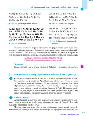 § 7. Виникнення ісламу. Арабський халіфат і  його розпад
41
Візантія значною мірою вплинула на формування культури пів-
денних і східних слов’ян. Слов’яни прийняли християнство візантій-
ського зразка. Слов’янська писемність на основі кирилиці є природ-
ним продовженням досягнень середньовічної європейської цивілізації.
Сьогодні кирилицю використовують понад
200  мільйонів жителів європейських країн.
Завдання
Вдома напишіть твір за темою «Кирило і Мефодій  — першовчителі слов’ян».
§ 7.	 Виникнення ісламу. Арабський халіфат і  його розпад
	 Сьогодні на земній кулі близько 1,5 млрд осіб сповідують іслам.
Зародилася ця релігія на Аравійському півострові. Чому  ж саме
тут виникло нове віровчення? Нова держава, створена пророком
Мухаммадом, дістала назву Арабський халіфат. Із ним не могли
змагатися наймогутніші держави Європи й  Азії. Культура халі-
фату перевершувала досягнення західноєвропейської християн-
ської цивілізації. Як саме вдалося досягти таких успіхів?
1	 Аравія і  араби.
Аравійський півострів, що омивається водами Індійського оке-
ану, розташований на крайньому південному заході Євразії. Це най-
більший півострів земної кулі.
Центральну частину півострова займають кам’янисті пустелі.
Температура повітря тут часто перевищує 50 градусів, що завжди ро-
‹‹ Рис. 6. Давньогрецький алфавіт ‹‹ Рис. 7. Латинський алфавіт
‹‹ Рис. 8. Кирилиця
‹‹ Рис. 9. Сучасний український
алфавіт
Аа Бб Вв Гг Дд Ее gg Жж ½¾ Zz
Èè ²³ ²¿ Ћћ Êê Ëë Ìì Íí Îî Ïï
Ðð Ññ Òò Óó Uu Ôô Õõ W^ Öö
Yó Øø m Úú Ûû Ћћ h Þþ " ~
Ww < @ ±>  Kk Jj Ff Vv
Αα Ββ Γγ Δδ Εε Ζζ Ηη Θθ Ιι Κκ
Λλ Μμ Νν Ξξ Οο Ππ Ρρ Σσ Ττ
Υυ Φφ Χχ Ψψ Ωω
Aa Bb Cc Dd Ee Ff Gg Hh Ii
Jj Kk Ll Mm Nn Oo Pp Qq Rr
Ss Tt Uu Vv Ww Xx Yy Zz
Аа Бб Вв Гг Ґґ Дд Ее Єє Жж
Зз Ии Іі Її Йй Кк Лл Мм Нн
Оо Пп Рр Сс Тт Уу Фф Хх
Цц Чч Шш Щщ Ьь Юю Яя
www.e-ranok.com.ua
 