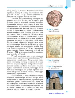 § 8. Практичне заняття
51
сході, заході та півночі. Візантійська імперія
пройшла важку й  славну тисячолітню істо-
рію від 476  до 1453  р., коли її залишки за-
гинули під ударами турків-османів.
У VII ст. на Аравійському півострові за-
родився іслам  — релігія, що об’єднала роз-
різнені арабські племена в  єдину державу.
Зусиллями пророка Мухаммада і  його спо-
движників на величезному пустельному пів-
острові утворилася могутня держава — Араб-
ський халіфат (VII—XIII  ст.). Завоювання
арабів знач­ною мірою змінили політичну кар-
ту Європи, Азії та  Африки. Загинула Іран-
ська держава, володіння Візантійської імперії
зменшилися в  чотири рази. Араби знищили
державу вестготів і  підкорили своїй владі
Піренейський півострів, загрожували воло-
дінням держави Каролінгів. Мужність візан-
тійських воїнів, що розгромили арабів біля
стін Константинополя в  718  р., і  нищівний
удар кінноти Карла Мартелла в  битві під
Пуатьє у  732  р. зупинили арабо-мусульман-
ську агресію в  Європі.
У ході завоювань поступово склалася
велика арабо-мусульманська цивілізація. Тут
процвітали великі міста. Мусульмани відро-
дили ефективну систему зрошення і  почали
збирати нечувані врожаї. Їхні ремісники сла-
вилися своїми виробами з металів, тканин,
хутра, коштовних каменів. Культура країн
халіфату вплинула на сусідні країни й  не
мала собі рівних в освіті, науках, літературі,
мистецтві й  архітектурі.
Таким чином, в  епоху Раннього Серед-
ньовіччя виникли три величні імперії та не
схожі одна на одну цивілізації: ранньосеред-
ньовічна християнська цивілізація країн За-
хідної Європи, східнохристиянська візантій-
ська цивілізація та арабо-мусульманська ци-
вілізація. Кожна з них залишила свій від-
биток в  історії Європи й  усього людства.
‹‹ Рис. 1. Монета
Карла Великого
‹‹ Рис. 3. Середньовіч­
на брама Ахена
‹‹ Рис. 2. Сторінка
книги Авіценни
www.e-ranok.com.ua
 