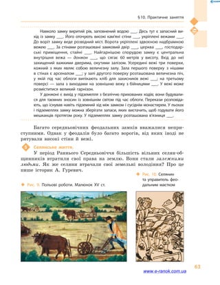 § 10. Практичне заняття
63
Навколо замку виритий рів, заповнений водою ___. Десь тут є запасний ви­
хід із замку ___. Його оточують високі кам’я­ні стіни ___, укріплені вежами ___.
До воріт замку веде розвідний міст. Ворота укріплені здвоєною надбрамною
вежею ___. За стінами розташовані замковий двір ___, церква ___, господар­
ські приміщення, стайні ___. Найгарнішою спорудою замку є центральна
внутрішня вежа  — дон­жон ___, що сягає 60  метрів у  висоту. Вхід до неї
захищений важкими дверима, окутими залізом. Усередині вежі три поверхи,
кожний з  яких являє собою величезну залу. Зала першого поверху з  нішами
в стінах є арсеналом ___; у залі другого поверху розташована величезна піч,
у  якій під час облоги випікають хліб для захисників вежі ___; на третьому
поверсі  — зала з виходами на зовнішню вежу з бійницями ___. У  вежі може
розміститися великий гарнізон.
У донжоні є вихід у підземелля з безліччю прихованих ходів; вони будували­
ся для таємних зносин із зовнішнім світом під час облоги. Перекази розповіда­
ють, що існував навіть підземний хід між замком і сусіднім монастирем. У льохах
і підземеллях замку можна зберігати запаси, яких вистачить, щоб годувати його
мешканців протягом року. У підземеллях замку розташована в’язниця ___.
Багато середньовічних феодальних замків вважалися непри-
ступними. Однак у  феодалів було багато ворогів, від яких іноді не
рятували високі стіни й  вежі.
5	 Селянське життя.
У період Раннього Середньовіччя більшість вільних селян-об-
щинників втратили свої права на землю. Вони стали залежними
людьми. Як же селяни втрачали свої земельні володіння? Про це
пише історик А. Гуревич.
‹‹ Рис. 10. Селянин
та  управитель фео­
дальним маєтком‹‹ Рис. 9. Польові роботи. Малюнок XV  ст.
www.e-ranok.com.ua
 