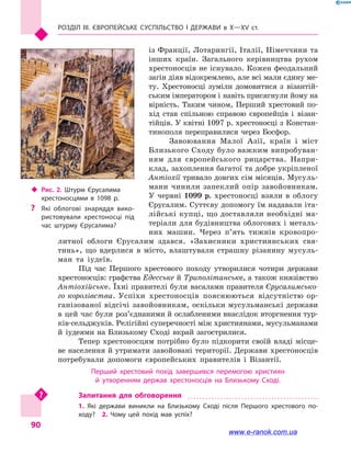 Розділ III. ЄВРОПЕЙСЬКЕ СУСПІЛЬСТВО і  ДЕРЖАВИ в  Х—ХV  ст.
90
із Франції, Лотарингії, Італії, Німеччини та
інших країн. Загального керівництва рухом
хрестоносців не існувало. Кожен феодальний
загін діяв відокремлено, але всі мали єдину ме-
ту. Хрестоносці зуміли домовитися з  візантій-
ським імператором і навіть присягнули йому на
вірність. Таким чином, Перший хрестовий по-
хід став спільною справою європейців і  візан-
тійців. У квітні 1097 р. хрестоносці з Констан-
тинополя переправилися через Босфор.
Завоювання Малої Азії, країн і  міст
Близького Сходу було важким випробуван-
ням для європейського рицарства. Напри-
клад, захоплення багатої та добре укріпленої
Антіохії тривало довгих сім місяців. Мусуль-
мани чинили запеклий опір завойовникам.
У червні 1099 р. хрестоносці взяли в  облогу
Єрусалим. Суттєву допомогу їм надавали іта-
лійські купці, що доставляли необхідні ма-
теріали для будівництва облогових і металь-
них машин. Через п’ять тижнів кровопро-
литної облоги Єрусалим здався. «Захисники християнських свя-
тинь», що вдерлися в  місто, влаштували страшну різанину мусуль-
ман та іудеїв.
Під час Першого хрестового походу утворилися чотири держави
хрестоносців: графства Едесське й Триполітанське, а також князівство
Антіохійське. Їхні правителі були васалами правителя Єрусалимсько-
го королівства. Успіхи хрестоносців пояснюються відсутністю ор-
ганізованої відсічі завойовникам, оскільки мусульманські держави
в цей час були роз’єд­наними й ослабленими внаслідок вторгнення тур-
ків-сельджуків. Релігійні суперечності між християнами, мусульманами
й  іудеями на Близькому Сході вкрай загострилися.
Тепер хрестоносцям потрібно було підкорити своїй владі місце-
ве населення й утримати завойовані території. Держави хрестоносців
потребували допомоги європейських правителів і  Візантії.
Перший хрестовий похід завершився перемогою християн
й  утворенням держав хрестоносців на Близькому Сході.
Запитання для обговорення
1.  Які держави виникли на Близькому Сході після Першого хрестового по­
ходу?  2.  Чому цей похід мав успіх?
‹‹ Рис. 2. Штурм Єрусалима
хрестоносцями в  1098 р.
?? Які облогові знаряддя вико­
ристовували хрестоносці під
час штурму Єрусалима?
www.e-ranok.com.ua
 