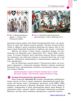 § 15. Практичне заняття
93
рактерною рисою ордену став білий восьмиконечний хрест, що наши-
вався на чорні або червоні куртки рицарів. Частина ченців-госпіта-
льєрів зі зброєю в  руках захищала Єрусалим від турків, інші  ж слу-
жили справі Христовій молитвою й турботою про хворих і немічних.
Прочан, що йшли у  Святу землю, охороняли рицарі, які роз-
містилися на Храмовій горі в  Єрусалимі. Тут і  виник Орден тамп-
лієрів. В історію Середніх віків тамплієри вписали багато сторінок,
що оповідають про військові подвиги та нечувані багатства, які вони
зібрали, займаючись фінансовими й  торговельними справами, а  та-
кож лихварством.
Під час Хрестових походів виник і Тевтонський орден, що скла-
дався переважно з  німецьких рицарів. Пізніше тевтонці залишили
Близький Схід, продовживши служіння католицькій церкві у  краї-
нах Східної Європи.
Духовно-рицарські ордени відіграли важливу роль в  історії
Хрестових походів і  християнських держав Близького Сходу.
5	 Розгром Константинополя хрестоносцями.
Папа Римський Інокентій III активно проповідував необхідність
нового походу на Схід із метою повернути християнській церкві Єру-
салим. На заклик папи в  Четвертий хрестовий похід (1202—1204)
вирушили хрестоносці із Франції, Фландрії, Англії, Італії. Морські
кораблі, спорядження й  гроші хрестоносцям надала влада Венеції. Із
допомогою воїнів «святого хреста» венеціанці намагалися послабити
Візантію, що була їхнім головним конкурентом у  морській торгівлі.
‹‹ Рис. 5. Духовно-рицарські
ордени  — головна сила
католицької церкви
‹‹ Рис. 6. Захоплення Константинополя
хрестоносцями в  1204 р. Мініатюра XV ст.
www.e-ranok.com.ua
 