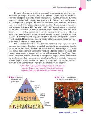 § 16. Середньовічна держава
99
Процес об’єднання країни зазвичай очолювали королі, які на-
магалися розширити територію свого домена. Королівський двір ста-
вав тим центром, навколо якого «збиралася» єдина держава. Король
вимагав покірності, виконання присяги й  вірності від своїх васа-
лів  — герцогів і  графів. На землях королівського домена і  його ва-
салів повинні були діяти королівські закони. Наприклад, французь-
кий король Людовік IX Святий (1226—1270) заборонив міжусобні
війни між васалами. В іншій частині королівства він увів «40 днів
короля»  — термін, протягом якого феодали, залучені в  конфлікт,
мали утримуватися від воєнних дій і подати свою суперечку до суду
короля. Посередництво короля зміцнювало його авторитет і  вплив
у всій країні. Припинення навіть однієї війни сприяло розвитку гос-
подарства й  процвітанню країни.
Від міжусобних війн і  феодальної вольниці страждала значна
частина населення. Торгівля в країні, поділеній кордонами на безліч
феодальних володінь, приносила лише збитки. Монастирі віддавали
свої землі войовничим баронам і  графам. Прості рицарі мріяли про
сильну королівську владу, що могла забезпечити їх службою і  фео-
дами. Залежні селяни вбачали в  «доброму» королі свого захисника
від гноблення з боку ненаситних сеньйорів. Тому в справі об’єднання
країни королі мали надійних союзників: дрібних феодалів-рицарів,
жителів міст (ремісників, купців) і  християнську церкву.
У XIII—XIV  ст. феодальна роздробленість у  багатьох
країнах Європи поступилася місцем об’єднаним
королівствам, що управлялися з  єдиного центру.
‹‹ Рис. 2. Серед­
ньовічне ко­
ролівство
‹‹ Рис. 3. Король посвячує
в  рицарі. Мініатюра XIII ст.
Герцоги,
графи,
абати
Король
Барони,
віконти,
рицарі
Селяни,
міщани,
священики
www.e-ranok.com.ua
 
