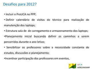 Desafios para 2012?

• Incluir o ProUCA no PPP;
• Definir calendário de visitas do técnico para realização de
manutenção dos laptops;
• Estrutura sala de de carregamento e armazenamento dos laptops;
•Planejamento inicial buscando definir os caminhos a serem
percorridos durante o ano letivo;
• Sensibilizar os professores sobre a necessidade constante de
estudos, discussões e planejamento;
•Incentivar participação dos professores em eventos,
 